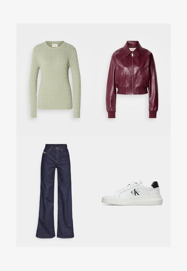 Calvin Klein Jeans CROPPED CRINKLE - Bomber Jacket - deep rouge; Light green cable knit sweater with a round neckline, long sleeves, and ribbed cuffs. Features a small logo on the chest.; Dark blue wide-leg jeans in denim fabric with a high waist, featuring orange stitching, five-pocket design, and a button closure.; White low-top sneaker with black heel tab, platform sole, laces, and Calvin Klein "CK" logo on the side.