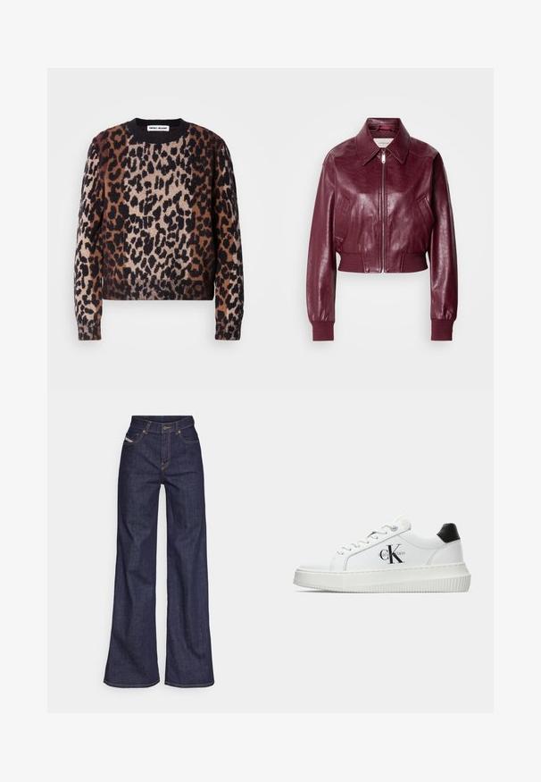 Calvin Klein Jeans CROPPED CRINKLE - Bomber jakna - deep rouge; Pulover z leopardjim vzorcem v odtenkih rjave, črne in smetane. Mehak material, okrogla vrata in rebrasti manšeti ter spodnji del. Priložnostna, skrajšana zasnova.; Temno modri široki kavbojke iz denima z visokim pasom, ki imajo oranžne šive, pet žepov in gumba za zapiranje.; Bele nizke superge z črnim hrbtnim delom, platformo, vezalkami in Calvin Klein "CK" logotipom na strani.