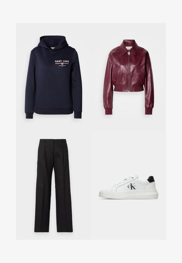 Calvin Klein Jeans CROPPED CRINKLE - Bomber Jacket - deep rouge; Navy blue hooded sweatshirt made of soft fabric featuring white "GANT 1949" text and a striped graphic detail in red and white.; Black tailored trousers with a straight-leg design, featuring sharp pleats and a smooth texture. Crafted from a lightweight fabric.; White low-top sneaker with black heel tab, platform sole, laces, and Calvin Klein "CK" logo on the side.