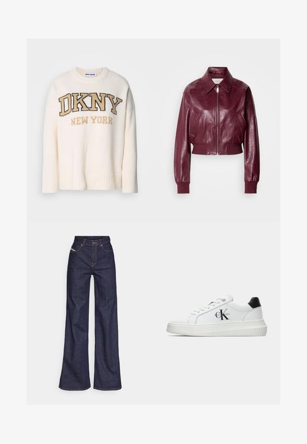 Calvin Klein Jeans CROPPED CRINKLE - Bombejakke - deep rouge; Kremfarget strikket genser med ribbet kant og mansjetter, med "DKNY NEW YORK" logoen fremtredende i mørkebrun og beige søm.; Mørkeblå vide jeans i denim med høy midje, med oransje sømmer, fem-lomme-design og knappelukking.; Hvite lavsko med svart hæltab, plattformsåle, snøringer og Calvin Klein "CK" logo på siden.