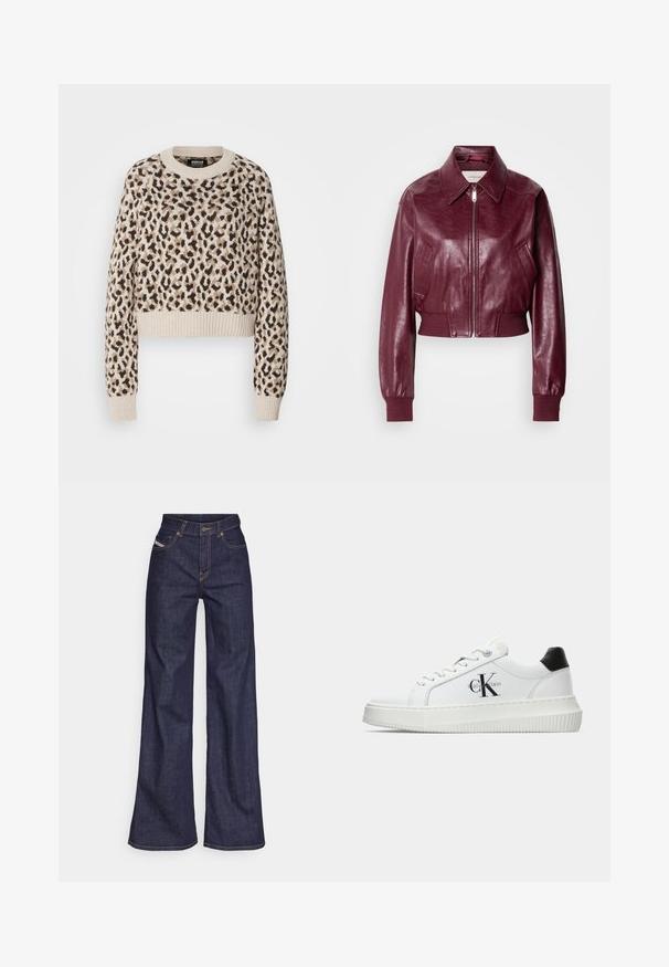Calvin Klein Jeans CROPPED CRINKLE - Bomberjacke - deep rouge; Beige, gekürzter Pullover mit einem Leopardenmuster in braunen und schwarzen Tönen. Mit gerippten Bündchen und Saum sowie einem runden Halsausschnitt.; Dunkelblaue weite Jeans aus Denimstoff mit hoher Taille, ausgestattet mit orangefarbenen Nähten, fünf Taschen und einem Knopfverschluss.; Weiße Low-Top-Sneaker mit schwarzem Fersenpatch, Plateau-Sohle, Schnürsenkeln und Calvin Klein "CK"-Logo an der Seite.