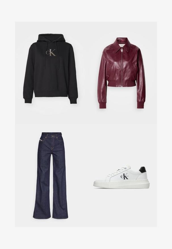 Calvin Klein Jeans CROPPED CRINKLE - Bomber stiliaus striukė - deep rouge; Juodas megztinis su kapu, pagamintas iš medvilnės mišinio, su priekinėmis kengūros kišenėmis, raišteliu reguliuojamu kapu ir auksiniu "CK" logotipu ant krūtinės.; Tamsiai mėlynos plačios kojų džinsinės kelnės iš denimo audinio su aukštu liemeniu, su oranžinėmis siūlėmis, penkių kišenių dizainu ir sagčių užsegimu.; Balti žemakulniai bateliai su juodu kulno dangteliu, platformos padu, raišteliais ir Calvin Klein "CK" logotipu šone.