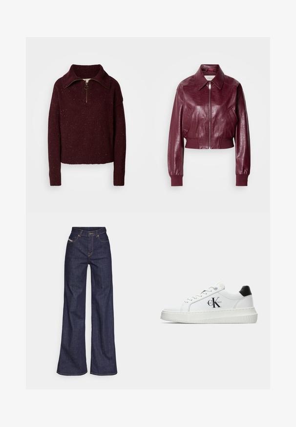 Calvin Klein Jeans CROPPED CRINKLE - Bomber dzseki - deep rouge; Burgundy kötött pulóver, álló gallérral, negyed cipzárral, bordázott mandzsettákkal és aljjal, foltos textúrával, ami további részletességet ad.; Sötétkék, bő szárú farmernadrág, magas derékkal, narancssárga varrással, öt zsebes kialakítással és gombos zárással.; Fehér alacsony szárú edzőcipő fekete saroktabbal, platform talppal, fűzőkkel és Calvin Klein "CK" logóval az oldalán.