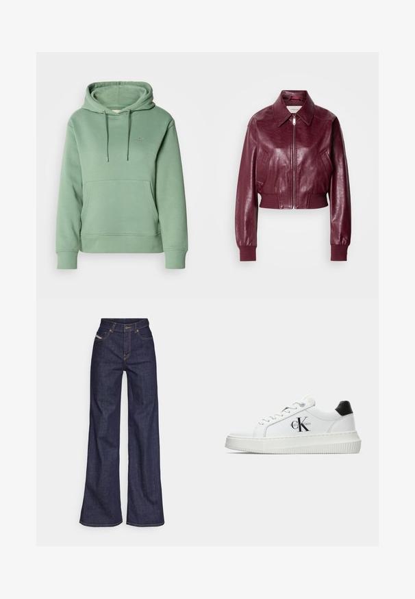 Calvin Klein Jeans CROPPED CRINKLE - Giubbotto Bomber - deep rouge; Hoodie in cotone verde con tasca frontale, cappuccio con cordino e polsini a coste. Presenta un piccolo logo ricamato sul petto.; Jeans a gamba larga di denim blu scuro con vita alta, caratterizzati da cuciture arancioni, design a cinque tasche e chiusura con bottone.; Sneaker bassa bianca con tassello nero sul tallone, suola a piattaforma, lacci e logo "CK" di Calvin Klein sul lato.