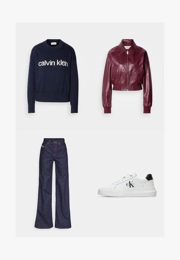 Calvin Klein Jeans CROPPED CRINKLE - Geacă bomber - deep rouge; Pulover navy, cu logo-ul alb "calvin klein" pe piept, cu manșete și tiv cu nervuri, realizat dintr-un material tricotat moale.; Blugi taille mare, de culoare albastru închis, din material denim, cu croială largă, cu cusături portocalii, design cu cinci buzunare și închidere cu nasture.; Adidași albi cu glezna joasă, cu tab-ul de călcâi negru, talpă platformă, șireturi și logo-ul "CK" de la Calvin Klein pe lateral.