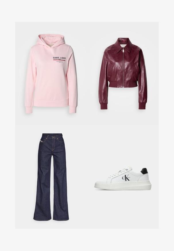 Calvin Klein Jeans CROPPED CRINKLE - Bomberjacke - deep rouge; Rosa Kapuzenpullover aus Baumwollmischung mit Front-Logo und horizontalen Streifen. Er hat eine Kordelzugkapuze und gerippte Bündchen sowie einen Saum.; Dunkelblaue weite Jeans aus Denimstoff mit hoher Taille, ausgestattet mit orangefarbenen Nähten, fünf Taschen und einem Knopfverschluss.; Weiße Low-Top-Sneaker mit schwarzem Fersenpatch, Plateau-Sohle, Schnürsenkeln und Calvin Klein "CK"-Logo an der Seite.