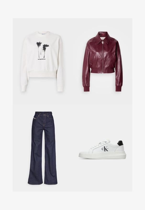 Calvin Klein Jeans CROPPED CRINKLE - Pilotska jakna - deep rouge; Bijela skraćena dukserica s crnim cvjetnim grafičkim printom i natpisom "karl lagerfeld jeans". Mekani materijal s rebrastim manžetama i ovratnikom.; Tamno plave široke traperice s visokim strukom, izrađene od denim tkanine, s narančastim šavovima, pet džepovima i kopčanjem na dugme.; Bijeli niskotoperani tenisice s crnom petom, platformom, vezicama i "CK" logotipom Calvin Kleina sa strane.