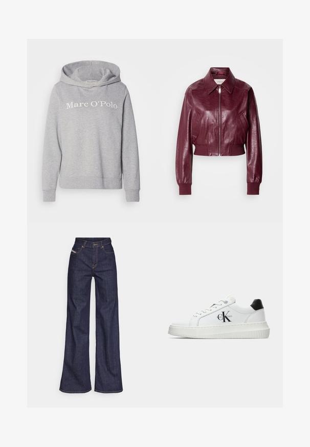 Calvin Klein Jeans CROPPED CRINKLE - Bombejakke - deep rouge; Grå hettegenser med hvit "Marc O’Polo" trykk. Laget av mykt stoff med ribbestrikkede mansjetter og nederkant. Enkelt, uformelt design.; Mørkeblå vide jeans i denim med høy midje, med oransje sømmer, fem-lomme-design og knappelukking.; Hvite lavsko med svart hæltab, plattformsåle, snøringer og Calvin Klein "CK" logo på siden.