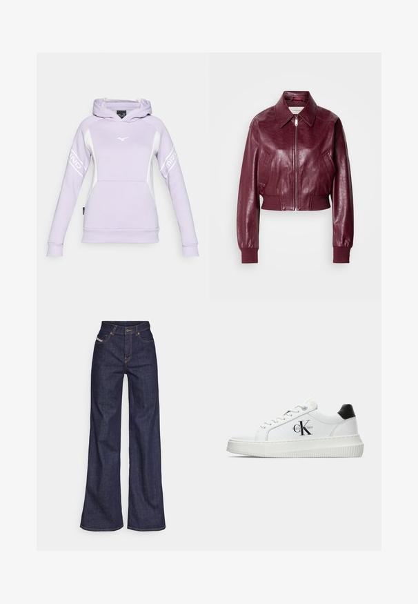 Calvin Klein Jeans CROPPED CRINKLE - Bomber stiliaus striukė - deep rouge; Violetinis džemperis su minkšta medžiaga, su baltais akcentais, priekinė kišenė ir logotipas ant krūtinės bei rankovių. Reguliuojama kapišonas.; Tamsiai mėlynos plačios kojų džinsinės kelnės iš denimo audinio su aukštu liemeniu, su oranžinėmis siūlėmis, penkių kišenių dizainu ir sagčių užsegimu.; Balti žemakulniai bateliai su juodu kulno dangteliu, platformos padu, raišteliais ir Calvin Klein "CK" logotipu šone.