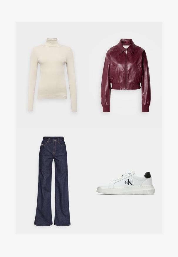Calvin Klein Jeans CROPPED CRINKLE - Bomber tipa jaka - deep rouge; Bēšas ribotu turtleneck džemperis ar garām piedurknēm, šaurs piegriezums un neliels apzīmējuma uzraksts kreisajā apakšējā stūrī. Mīksta tekstūra, vienkāršs dizains.; Tumši zili platleņķa džinsi no denima auduma ar augstu jostasvietu, ar oranžām šuvēm, piecu kabatu dizainu un pogu aizdari.; Baltā zema topa sporta apavas ar melnu papēža cilni, platformas zoli, auklēm un Calvin Klein "CK" logo sānos.
