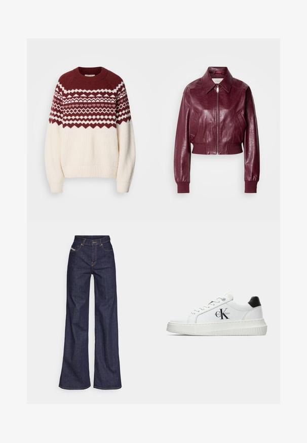 Calvin Klein Jeans CROPPED CRINKLE - Bomber dzseki - deep rouge; Kötött pulóver bordó és fehér geometrikus mintával a vállán, krém színű testtel, bordás mandzsettákkal és aljjal. Kerek nyakú.; Sötétkék, bő szárú farmernadrág, magas derékkal, narancssárga varrással, öt zsebes kialakítással és gombos zárással.; Fehér alacsony szárú edzőcipő fekete saroktabbal, platform talppal, fűzőkkel és Calvin Klein "CK" logóval az oldalán.