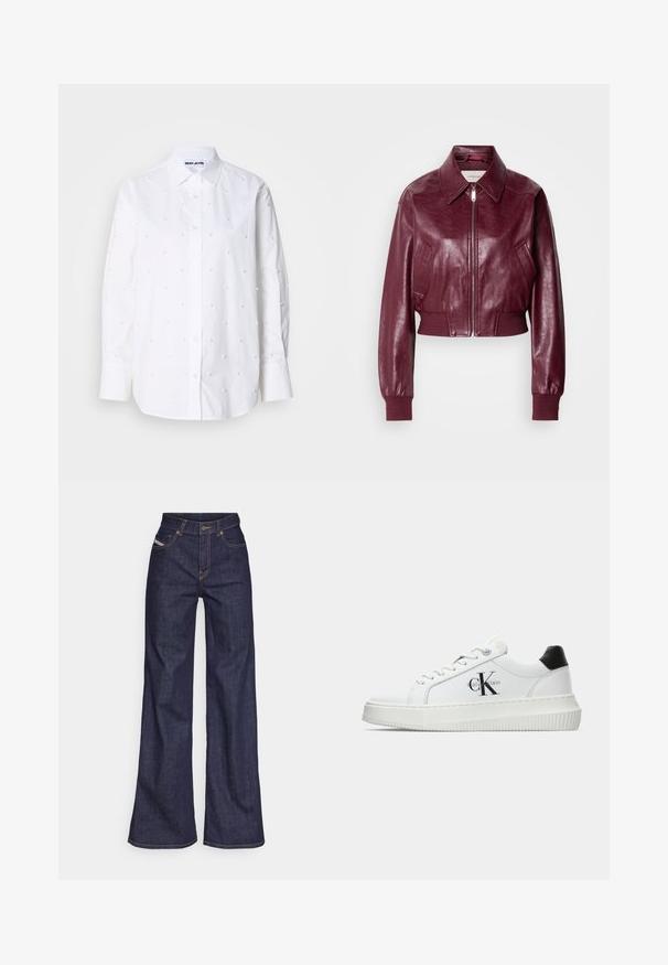 Calvin Klein Jeans CROPPED CRINKLE - Bomber stiliaus striukė - deep rouge; Balta medvilninė marškiniai su ilgomis rankovėmis, mygtukų apykakle, papuošta mažomis, apvaliomis perlų tipo detalėmis, tolygiai išdėstytomis visame paviršiuje.; Tamsiai mėlynos plačios kojų džinsinės kelnės iš denimo audinio su aukštu liemeniu, su oranžinėmis siūlėmis, penkių kišenių dizainu ir sagčių užsegimu.; Balti žemakulniai bateliai su juodu kulno dangteliu, platformos padu, raišteliais ir Calvin Klein "CK" logotipu šone.