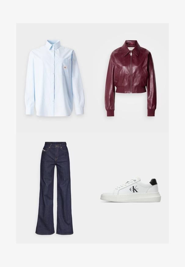 Calvin Klein Jeans CROPPED CRINKLE - Bomber jakna - deep rouge; Svetlo modra črtasta srajca z dolgimi rokavi, z ovratnikom na gumbe, enim žepom na prsih in majhno logotipno nalepko na žepu. Iz bombažne tkanine.; Temno modri široki kavbojke iz denima z visokim pasom, ki imajo oranžne šive, pet žepov in gumba za zapiranje.; Bele nizke superge z črnim hrbtnim delom, platformo, vezalkami in Calvin Klein "CK" logotipom na strani.