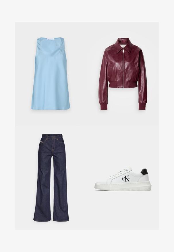 Calvin Klein Jeans CROPPED CRINKLE - Bombejakke - deep rouge; Lyseblå satintopp med rund hals og brede skulderstropper, med glatt tekstur og rett kant.; Mørkeblå vide jeans i denim med høy midje, med oransje sømmer, fem-lomme-design og knappelukking.; Hvite lavsko med svart hæltab, plattformsåle, snøringer og Calvin Klein "CK" logo på siden.