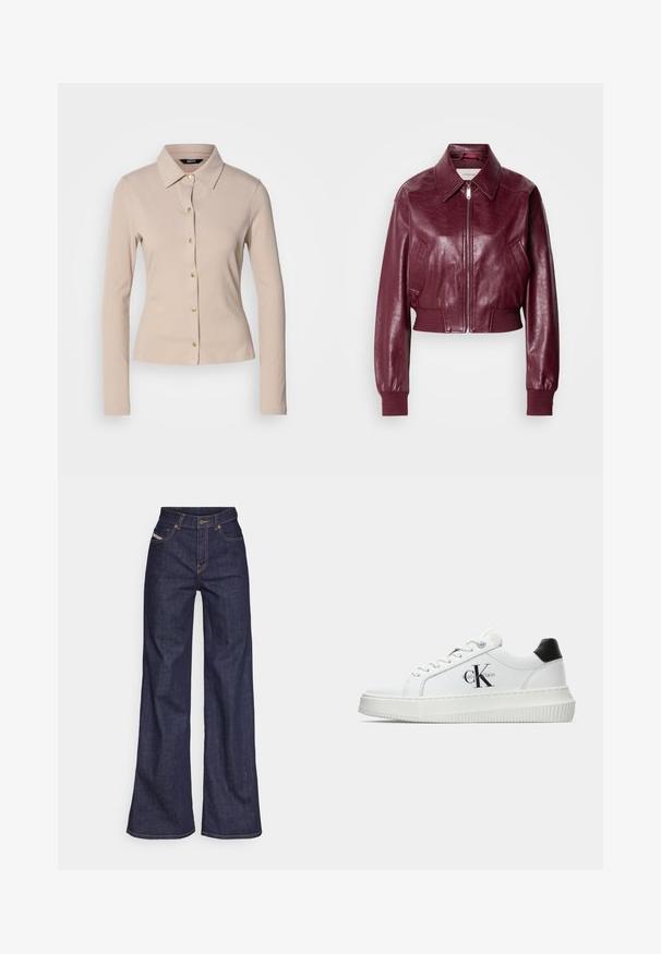 Calvin Klein Jeans CROPPED CRINKLE - Bomber dzseki - deep rouge; Hosszú ujjú, bézs bordázott ing, galléros nyakkal és elöl gombokkal. Sima fazonú, finom textúrával rendelkezik.; Sötétkék, bő szárú farmernadrág, magas derékkal, narancssárga varrással, öt zsebes kialakítással és gombos zárással.; Fehér alacsony szárú edzőcipő fekete saroktabbal, platform talppal, fűzőkkel és Calvin Klein "CK" logóval az oldalán.