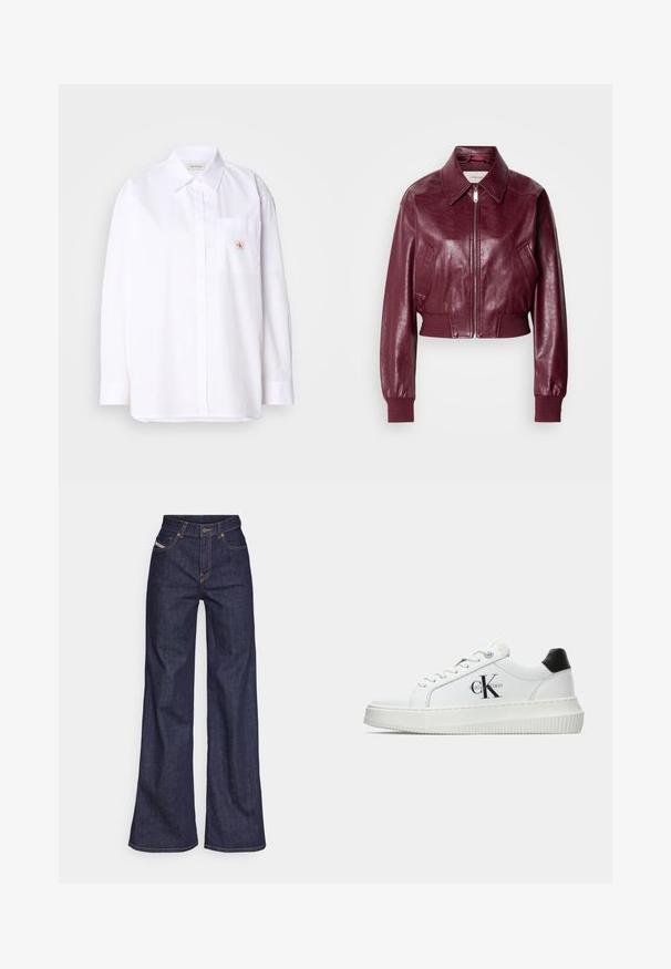Calvin Klein Jeans CROPPED CRINKLE - Bombejakke - deep rouge; Hvit bomullskjorte med knapper og lange ermer, brystlomme og en liten CK-logo-patch på lommen. Glatt tekstur og skreddersydd passform.; Mørkeblå vide jeans i denim med høy midje, med oransje sømmer, fem-lomme-design og knappelukking.; Hvite lavsko med svart hæltab, plattformsåle, snøringer og Calvin Klein "CK" logo på siden.