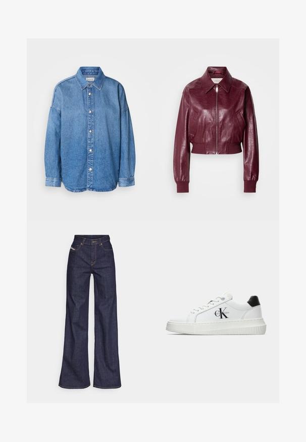 Calvin Klein Jeans CROPPED CRINKLE - Bomber Jacket - deep rouge; Light blue denim shirt with a collared neck, long sleeves, and silver buttons, centered on a white background.; Dark blue wide-leg jeans in denim fabric with a high waist, featuring orange stitching, five-pocket design, and a button closure.; White low-top sneaker with black heel tab, platform sole, laces, and Calvin Klein "CK" logo on the side.