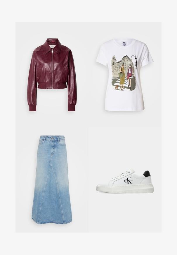 Calvin Klein Jeans CROPPED CRINKLE - Bomber tipa jaka - deep rouge; Balta kokvilnas T-krekls ar divu sieviešu, kas ģērbtas urbanā stilā, zīmējumu, uz kura redzams suns uz gājēju pārejas un pilsētas ēkas.; Gaiši zila denima midi svārku ar garu A-līniju, kas ietver nepiegrieztu apakšmalu un priekša šuvi. Klasisks piecu kabatu dizains un jostas cilpas ir iekļautas.; Baltā zema topa sporta apavas ar melnu papēža cilni, platformas zoli, auklēm un Calvin Klein "CK" logo sānos.