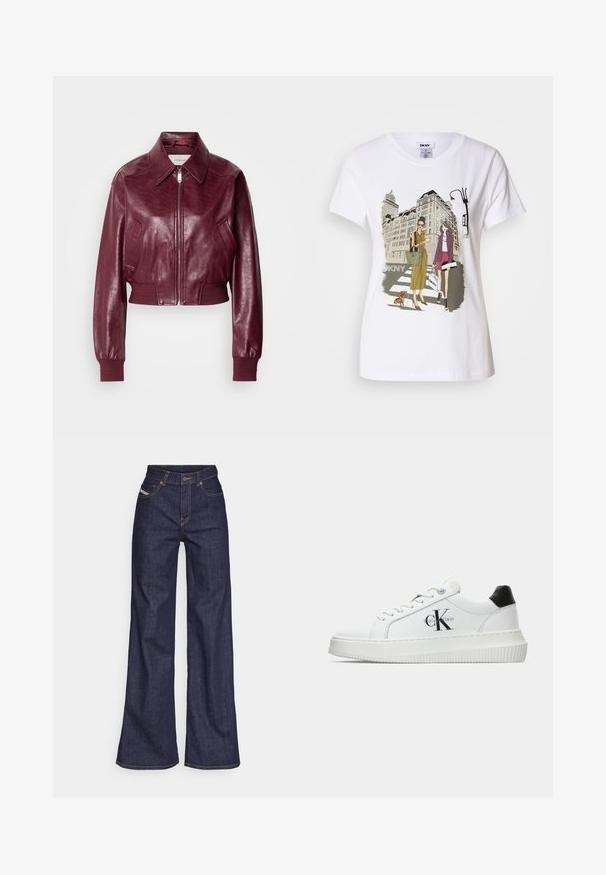 Calvin Klein Jeans CROPPED CRINKLE - Bomberjacke - deep rouge; Weißes Baumwoll-T-Shirt mit einem bedruckten Motiv, das zwei Frauen in urbanen Modestilen zeigt, die mit einem Hund auf einem Zebrastreifen stehen, mit Stadtgebäuden im Hintergrund.; Dunkelblaue weite Jeans aus Denimstoff mit hoher Taille, ausgestattet mit orangefarbenen Nähten, fünf Taschen und einem Knopfverschluss.; Weiße Low-Top-Sneaker mit schwarzem Fersenpatch, Plateau-Sohle, Schnürsenkeln und Calvin Klein "CK"-Logo an der Seite.