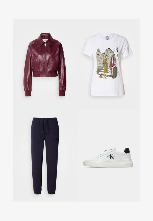 Calvin Klein Jeans CROPPED CRINKLE - Bomberjacke - deep rouge; Weißes Baumwoll-T-Shirt mit einem bedruckten Motiv, das zwei Frauen in urbanen Modestilen zeigt, die mit einem Hund auf einem Zebrastreifen stehen, mit Stadtgebäuden im Hintergrund.; Dunkelblaue Sweatpants aus weichem Stoff, ausgestattet mit einem elastischen Bund und einem Kordelzug, sowie einem gestickten Logo an einem Bein.; Weiße Low-Top-Sneaker mit schwarzem Fersenpatch, Plateau-Sohle, Schnürsenkeln und Calvin Klein "CK"-Logo an der Seite.