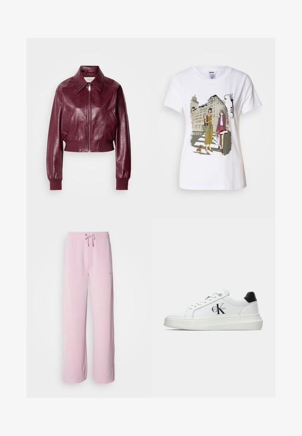 Calvin Klein Jeans CROPPED CRINKLE - Bomberjakke - deep rouge; Hvid bomulds T-shirt med et trykt illustrativt motiv af to kvinder i urban mode med en hund på et fodgængerfelt og bybygninger.; Lyserøde sweatpants med snøre i taljen, brede ben og en foldet kant. Har et lille broderet logo på siden. Blødt stoftekstur.; Hvide lavtoppede sneakers med sort hælkænke, platformssål, snørebånd og Calvin Klein "CK" logo på siden.