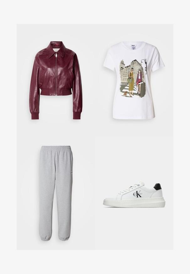 Calvin Klein Jeans CROPPED CRINKLE - Bombejakke - deep rouge; Hvit bomulls T-skjorte med trykt illustrasjon av to kvinner i urbane motestiler med en hund på et fotgjengerfelt og bybygninger.; Grå joggebukser laget av myk, teksturert stoff. Elastisk midjebånd og mansjetter, med en liten logo på venstre side.; Hvite lavsko med svart hæltab, plattformsåle, snøringer og Calvin Klein "CK" logo på siden.