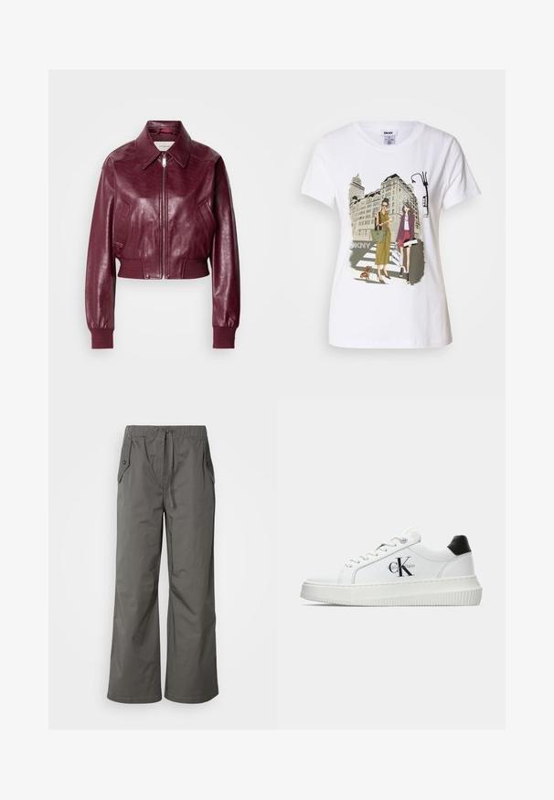 Calvin Klein Jeans CROPPED CRINKLE - Giubbotto Bomber - deep rouge; T-shirt bianca in cotone con un'illustrazione stampata di due donne in stili di moda urbana con un cane su un attraversamento pedonale e edifici della città.; Pantaloni larghi grigi realizzati in tessuto leggero, con cintura elastica, coulisse e due tasche laterali con dettagli in bottone.; Sneaker bassa bianca con tassello nero sul tallone, suola a piattaforma, lacci e logo "CK" di Calvin Klein sul lato.