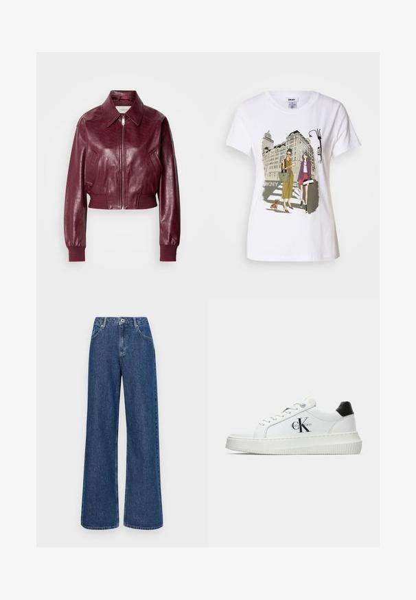 Calvin Klein Jeans CROPPED CRINKLE - Bomber stiliaus striukė - deep rouge; Baltos medvilnės marškinėliai su spausdinta iliustracija, kurioje pavaizduotos dvi moterys urbanistiniais mados stiliais su šunimi perėjimo zonoje ir miesto pastatai.; Plati džinsai su aukštu liemeniu, mėlynos spalvos, su priekinių kišenių ir vieno mygtuko užsegimu. Audinys su tekstūra ir matomais siūlų siuvinėjimais.; Balti žemakulniai bateliai su juodu kulno dangteliu, platformos padu, raišteliais ir Calvin Klein "CK" logotipu šone.
