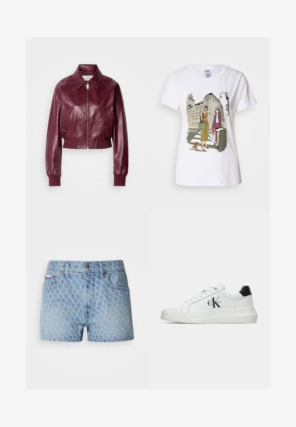 Calvin Klein Jeans CROPPED CRINKLE - Bomber dzseki - deep rouge; Fehér pamut póló, amelyen nyomtatott illusztráció látható két nő városi divatstílusban, egy kutyával a zebrán és városi épületekkel a háttérben.; Világoskék farmer rövidnadrág, texturált, ismétlődő mintával. Gombos záródással és piros márkajelzéssel a bal zseben.; Fehér alacsony szárú edzőcipő fekete saroktabbal, platform talppal, fűzőkkel és Calvin Klein "CK" logóval az oldalán.