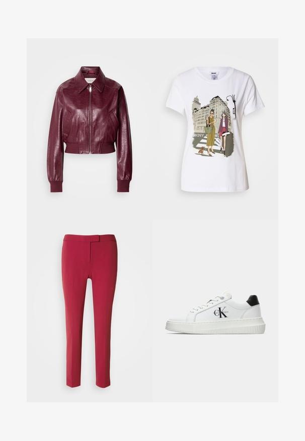 Calvin Klein Jeans CROPPED CRINKLE - Blouson Bomber - deep rouge; T-shirt en coton blanc avec une illustration imprimée de deux femmes en styles de mode urbaine, accompagnées d'un chien sur un passage piéton, avec des bâtiments de la ville en arrière-plan.; Pantalons taillés rouge avec une texture lisse, coupe slim et devant plat. Conçus avec une taille étroite et sans poches visibles.; Baskets basses blanches avec un tab de talon noir, semelle plateforme, lacets et logo "CK" de Calvin Klein sur le côté.