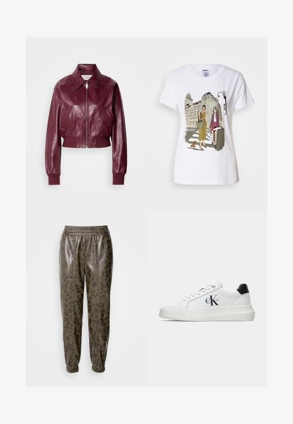 Calvin Klein Jeans CROPPED CRINKLE - Bomberjacke - deep rouge; Weißes Baumwoll-T-Shirt mit einem bedruckten Motiv, das zwei Frauen in urbanen Modestilen zeigt, die mit einem Hund auf einem Zebrastreifen stehen, mit Stadtgebäuden im Hintergrund.; Olivgrüne Faux-Leder-Joggers mit einem Leopardenmuster, ausgestattet mit einem elastischen Bund und bündchenartigen Knöcheln, glatter Textur und Taschen.; Weiße Low-Top-Sneaker mit schwarzem Fersenpatch, Plateau-Sohle, Schnürsenkeln und Calvin Klein "CK"-Logo an der Seite.