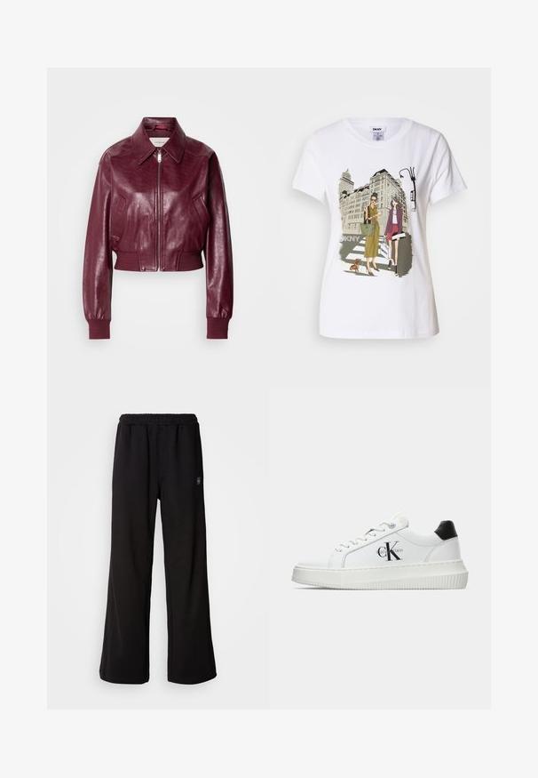 Calvin Klein Jeans CROPPED CRINKLE - Bomberjacka - deep rouge; Vitt bomulls-T-shirt med en tryckt illustration av två kvinnor i urbana mode stilar med en hund på ett övergångsställe och stadens byggnader.; Svarta mjukisbyxor med avslappnad passform, elastisk midja och sidofickor. Tillverkade av ett mjukt tyg med en glatt yta.; Vit lågtopp sneakers med svart hälflik, platåsål, snörning och Calvin Klein "CK" logotyp på sidan.