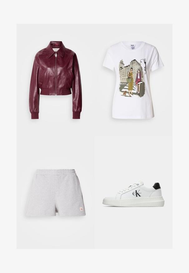 Calvin Klein Jeans CROPPED CRINKLE - Bombejakke - deep rouge; Hvit bomulls T-skjorte med trykt illustrasjon av to kvinner i urbane motestiler med en hund på et fotgjengerfelt og bybygninger.; Grå bomullsshorts med elastisk midje, sidelommer og et lite logomerke på kanten. Myk tekstur, avslappet passform, uformelt design.; Hvite lavsko med svart hæltab, plattformsåle, snøringer og Calvin Klein "CK" logo på siden.