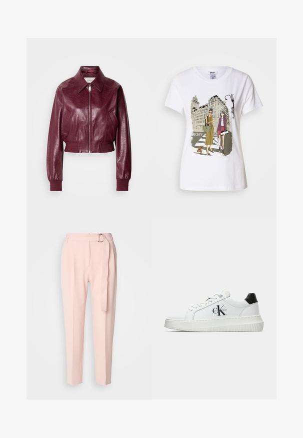 Calvin Klein Jeans CROPPED CRINKLE - Bombera - deep rouge; Biela bavlnená tričko s potlačou ilútrácie dvoch žien v mestských módnych štýloch so psom na prechode a mestskými budovami.; Svetloružové nohavice vo voľnom strihu, s opaskom so striebornou sponou, plochým predným dielom a prešitou záhybovou líniou pre zvýraznenie detailov.; Biele nízke tenisky s čiernym pätkovým dielom, platformovou podrážkou, šnúrkami a logom "CK" značky Calvin Klein na boku.
