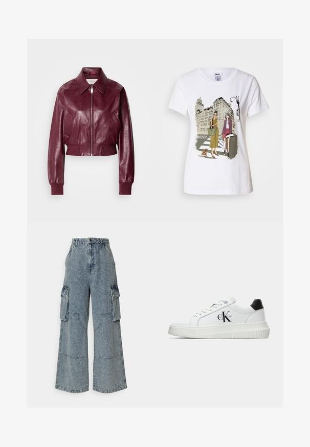 Calvin Klein Jeans CROPPED CRINKLE - Bomber Jacket - deep rouge; White cotton T-shirt featuring a printed illustration of two women in urban fashion styles with a dog on a crosswalk and city buildings.; Light blue wide-leg denim cargo pants featuring front and side pockets, a textured finish, and visible stitching details.; White low-top sneaker with black heel tab, platform sole, laces, and Calvin Klein "CK" logo on the side.