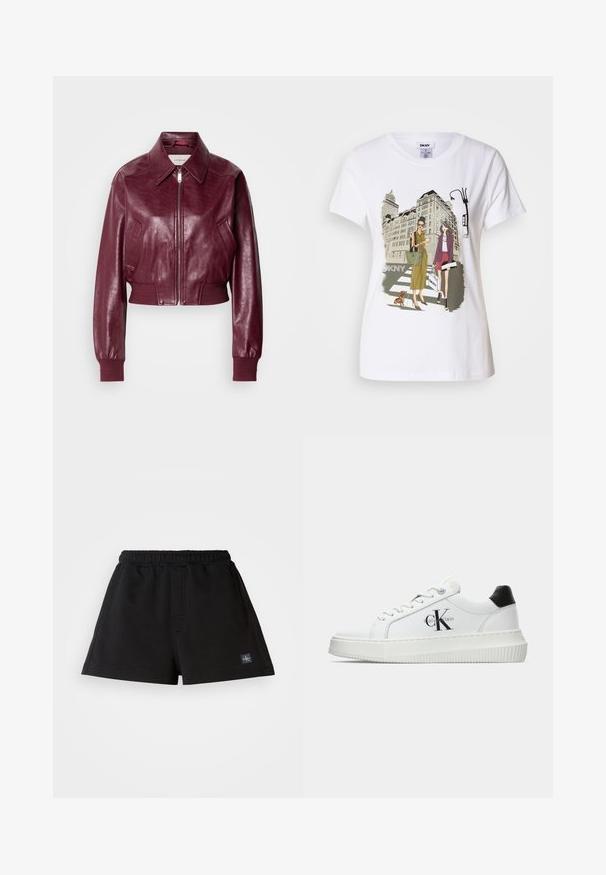 Calvin Klein Jeans CROPPED CRINKLE - Bombertakki - deep rouge; Valkoinen puuvillainen t-paita, jossa on painettu kuva kahdesta naisesta kaupunkimuotityyleissä, koirasta suojatiellä ja kaupungin rakennuksista.; Mustat lyhyet housut, jotka on valmistettu pehmeästä kankaasta. Niissä on joustava vyötärö, suora leikkaus ja pieni logo-merkki vasemmassa alareunassa.; Valkoiset matalat tennarit, joissa on musta kantapää, alustasolki, nauhat ja Calvin Kleinin "CK" logo sivuilla.