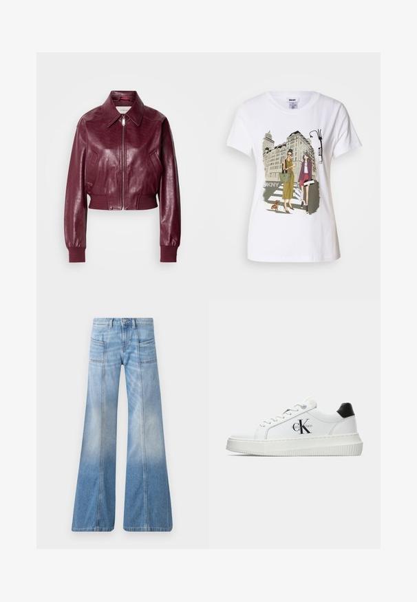 Calvin Klein Jeans CROPPED CRINKLE - Bomber stiliaus striukė - deep rouge; Baltos medvilnės marškinėliai su spausdinta iliustracija, kurioje pavaizduotos dvi moterys urbanistiniais mados stiliais su šunimi perėjimo zonoje ir miesto pastatai.; Šviesiai mėlynos flared džinsai, pagaminti iš denimo. Turi aukštą liemenį, keturias kišenes ir išblukusią gradientinę efektą link hem.; Balti žemakulniai bateliai su juodu kulno dangteliu, platformos padu, raišteliais ir Calvin Klein "CK" logotipu šone.