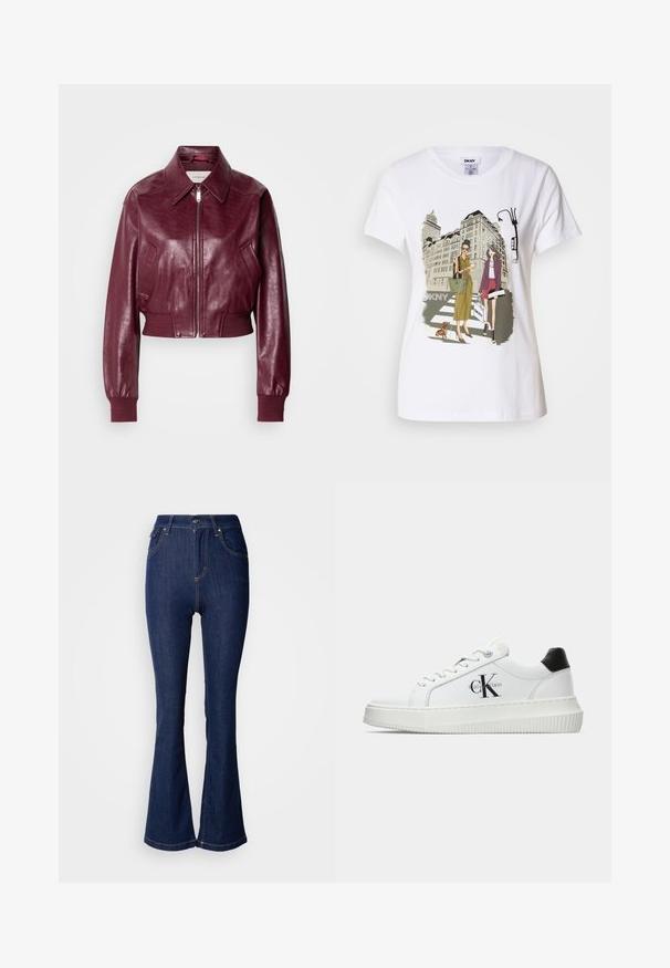 Calvin Klein Jeans CROPPED CRINKLE - Bomber stiliaus striukė - deep rouge; Baltos medvilnės marškinėliai su spausdinta iliustracija, kurioje pavaizduotos dvi moterys urbanistiniais mados stiliais su šunimi perėjimo zonoje ir miesto pastatai.; Tamsiai mėlyni plačiai išsiskleidžiantys džinsai aukštu liemeniu, su priekinėmis kišenėmis, kontrastingomis siūlėmis ir užsegimu su mygtuku.; Balti žemakulniai bateliai su juodu kulno dangteliu, platformos padu, raišteliais ir Calvin Klein "CK" logotipu šone.