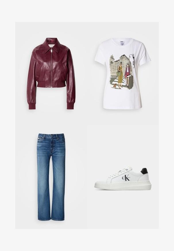 Calvin Klein Jeans CROPPED CRINKLE - Bomber tipa jaka - deep rouge; Balta kokvilnas T-krekls ar divu sieviešu, kas ģērbtas urbanā stilā, zīmējumu, uz kura redzams suns uz gājēju pārejas un pilsētas ēkas.; Gaiši zili, plata maluma džinsi izgatavoti no denima; tiem ir pogu aizdare, priekšējās kabatas un maiga izbalēšanas raksts uz auduma.; Baltā zema topa sporta apavas ar melnu papēža cilni, platformas zoli, auklēm un Calvin Klein "CK" logo sānos.