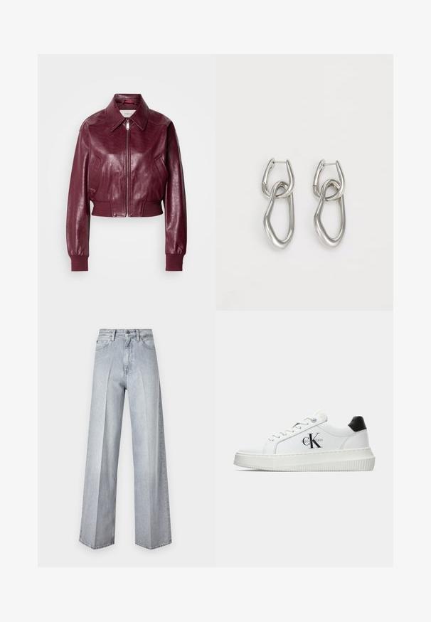 Calvin Klein Jeans CROPPED CRINKLE - Bomber tipa jaka - deep rouge; Balta kokvilnas T-krekls ar divu sieviešu, kas ģērbtas urbanā stilā, zīmējumu, uz kura redzams suns uz gājēju pārejas un pilsētas ēkas.; Calvin Klein WIDE - Džinsi ar platām starām - denim grey; Baltā zema topa sporta apavas ar melnu papēža cilni, platformas zoli, auklēm un Calvin Klein "CK" logo sānos.; Calvin Klein STATEMENT LINKS - Auskari - silver-coloured
