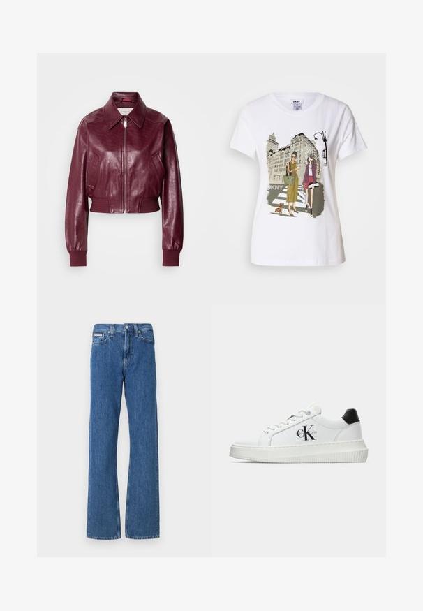Calvin Klein Jeans CROPPED CRINKLE - Bomber-jakk - deep rouge; Valge puuvillane T-särk, millel on trükitud illustreerimine kahest naisest, kes kannavad linnastiili, koos koeraga ülekäigurajal ning linnamajadega.; Sinised teksapüksid sirge lõikega, keskhõõrdumise vöökoha ja esitaskutega, õrnade kulumiste detailidega.; Valge madalate sokkidega jooksutoss, millel on must konts, platvormi tallad, paelad ja Calvin Kleini "CK" logo küljel.