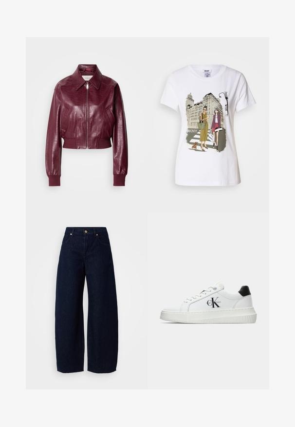 Calvin Klein Jeans CROPPED CRINKLE - Bomber Jacket - deep rouge; White cotton T-shirt featuring a printed illustration of two women in urban fashion styles with a dog on a crosswalk and city buildings.; Dark blue wide-leg jeans made of denim, featuring a high waist, five-pocket design, and metal button hardware. Raw hem detail at the cuffs.; White low-top sneaker with black heel tab, platform sole, laces, and Calvin Klein "CK" logo on the side.