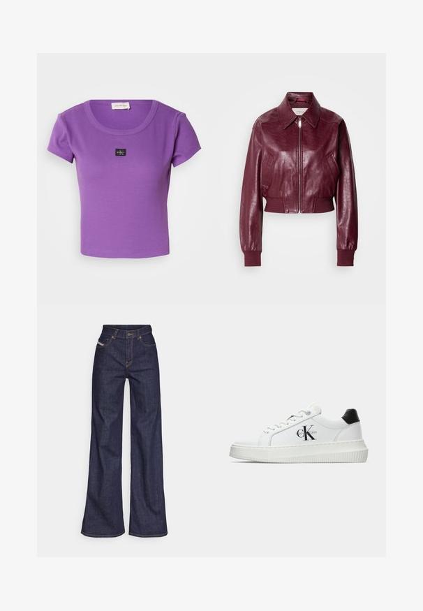 Calvin Klein Jeans CROPPED CRINKLE - Bombejakke - deep rouge; Lilla, ribbet t-skjorte med kort erme som har rund hals og en liten svart Calvin Klein-logo på brystet. Myk tekstur.; Mørkeblå vide jeans i denim med høy midje, med oransje sømmer, fem-lomme-design og knappelukking.; Hvite lavsko med svart hæltab, plattformsåle, snøringer og Calvin Klein "CK" logo på siden.
