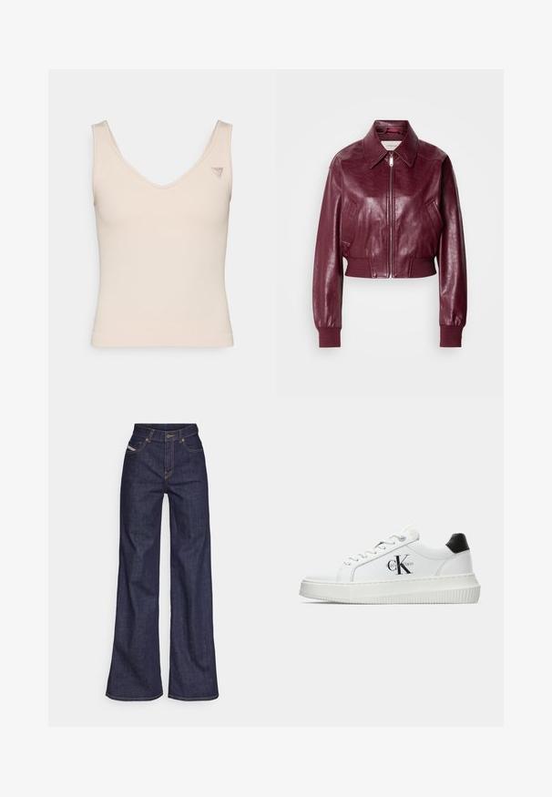 Calvin Klein Jeans CROPPED CRINKLE - Bombera - deep rouge; Ribbed, bezrukávový béžový top s V-výstrihom. Obsahuje malé logo na ľavom ramene. Mäkká textúra s priliehavým strihom.; Tmavomodré široké džínsy z denimu s vysokým pásom, zdobené oranžovým šitím, päť vreckovým dizajnom a zapínaním na gombík.; Biele nízke tenisky s čiernym pätkovým dielom, platformovou podrážkou, šnúrkami a logom "CK" značky Calvin Klein na boku.