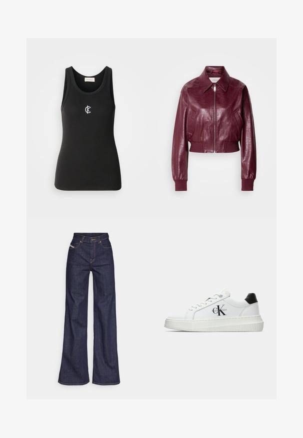 Calvin Klein Jeans CROPPED CRINKLE - Bombejakke - deep rouge; Svart tanktopp med ribbet tekstur og rund hals. Fremtredende hvit Calvin Klein-logo på brystet. Enkel og tettsittende design.; Mørkeblå vide jeans i denim med høy midje, med oransje sømmer, fem-lomme-design og knappelukking.; Hvite lavsko med svart hæltab, plattformsåle, snøringer og Calvin Klein "CK" logo på siden.
