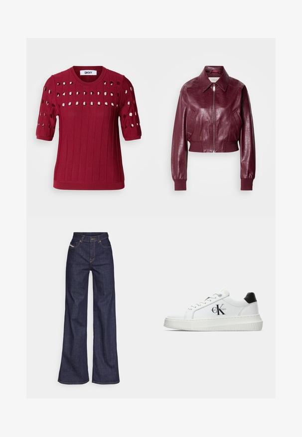 Calvin Klein Jeans CROPPED CRINKLE - Bomberjacke - deep rouge; Roter gestrickter Pullover mit kurzen Ärmeln, der über eine gerippte Textur und offene Löcher in einem Muster über der Brust und den Ärmeln verfügt.; Dunkelblaue weite Jeans aus Denimstoff mit hoher Taille, ausgestattet mit orangefarbenen Nähten, fünf Taschen und einem Knopfverschluss.; Weiße Low-Top-Sneaker mit schwarzem Fersenpatch, Plateau-Sohle, Schnürsenkeln und Calvin Klein "CK"-Logo an der Seite.