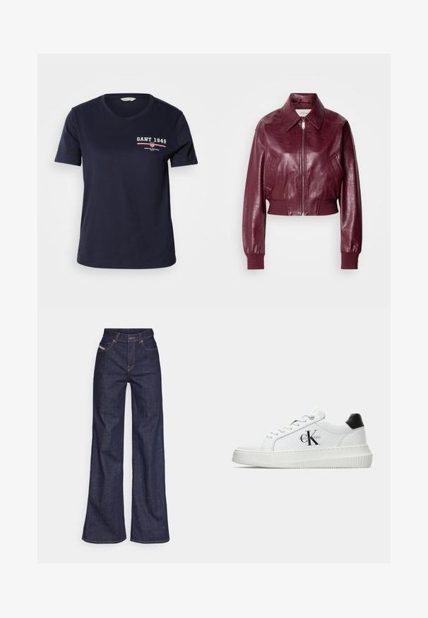 Calvin Klein Jeans CROPPED CRINKLE - Bomberjakke - deep rouge; Marineblå bomulds T-shirt med V-hals, korte ærmer, der har hvid og rød logo-tekst "GANT 1949" og design detaljer på venstre bryst.; Mørkeblå bredbenede jeans i denimstof med høj talje, prydet med orange stikninger, fem-lomme design og knaplukning.; Hvide lavtoppede sneakers med sort hælkænke, platformssål, snørebånd og Calvin Klein "CK" logo på siden.