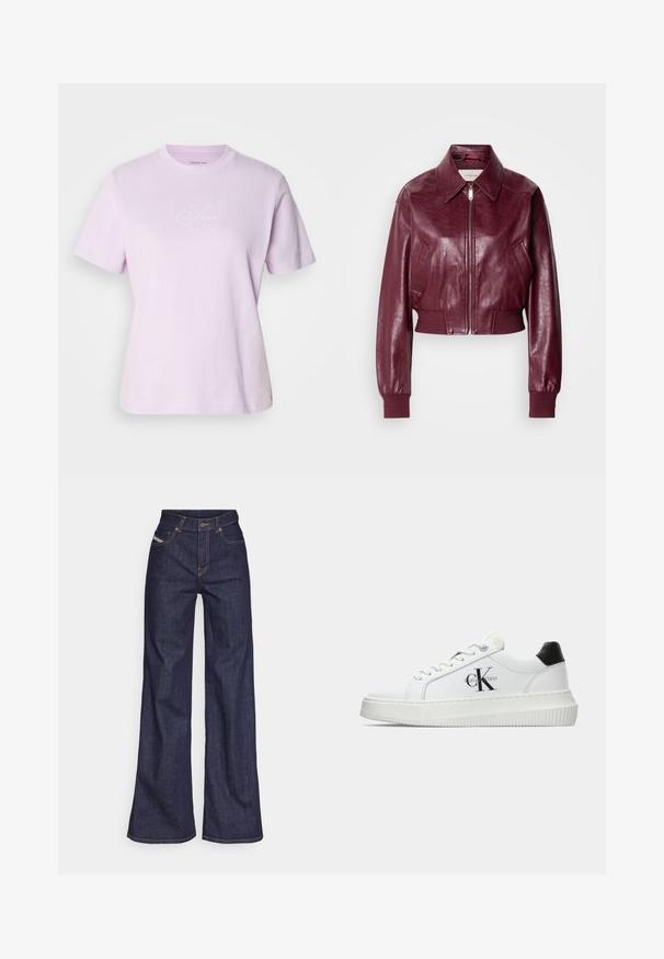 Calvin Klein Jeans CROPPED CRINKLE - Bomber Jacket - deep rouge; Light purple cotton t-shirt with short sleeves. Features a white printed "CK" logo on the chest. Standard crew neck design.; Dark blue wide-leg jeans in denim fabric with a high waist, featuring orange stitching, five-pocket design, and a button closure.; White low-top sneaker with black heel tab, platform sole, laces, and Calvin Klein "CK" logo on the side.
