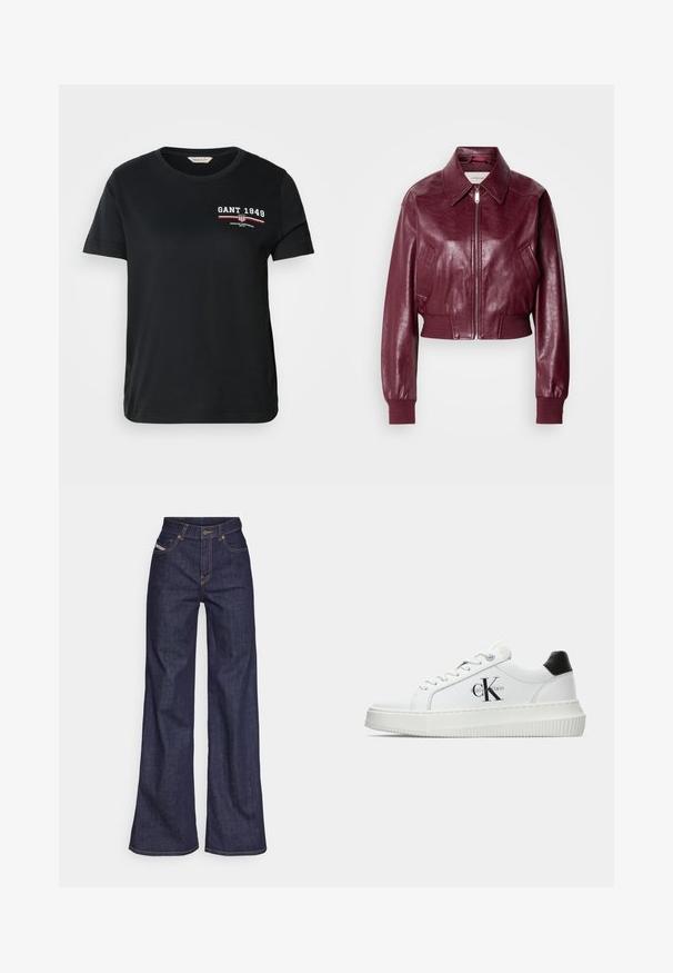 Calvin Klein Jeans CROPPED CRINKLE - Bomber Jacket - deep rouge; Black cotton t-shirt with a crew neck, short sleeves, featuring white and red “GANT 1949” logo and text on the left chest.; Dark blue wide-leg jeans in denim fabric with a high waist, featuring orange stitching, five-pocket design, and a button closure.; White low-top sneaker with black heel tab, platform sole, laces, and Calvin Klein "CK" logo on the side.