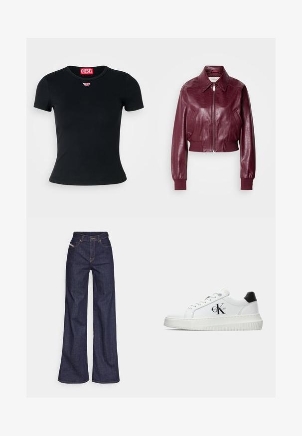 Calvin Klein Jeans CROPPED CRINKLE - Bomber Jacket - deep rouge; Black ribbed t-shirt with a rounded crew neckline. Features a small red Diesel logo on the chest. Short sleeves and a form-fitting shape.; Dark blue wide-leg jeans in denim fabric with a high waist, featuring orange stitching, five-pocket design, and a button closure.; White low-top sneaker with black heel tab, platform sole, laces, and Calvin Klein "CK" logo on the side.